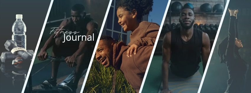 Collage of fitness and lifestyle moments including hydration, strength training, family bonding, gym workouts, and personal achievement.