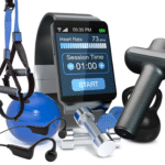 Black Friday fitness gear including TRX straps, dumbbells, kettlebells, recovery tools, and content creation equipment used by a professional fitness coach.